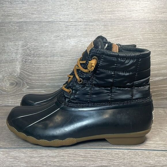 Sperry Top Sider Saltwater Black Quilted Women’s Sz 8 Tan Rubber Rain Duck Boots - Picture 3 of 11